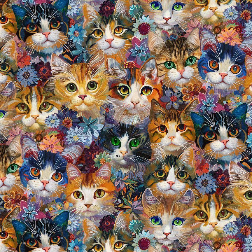 Packed_Cats_Floral-Natural_CAT-CD4114-NATURAL_Cotton_Fabric